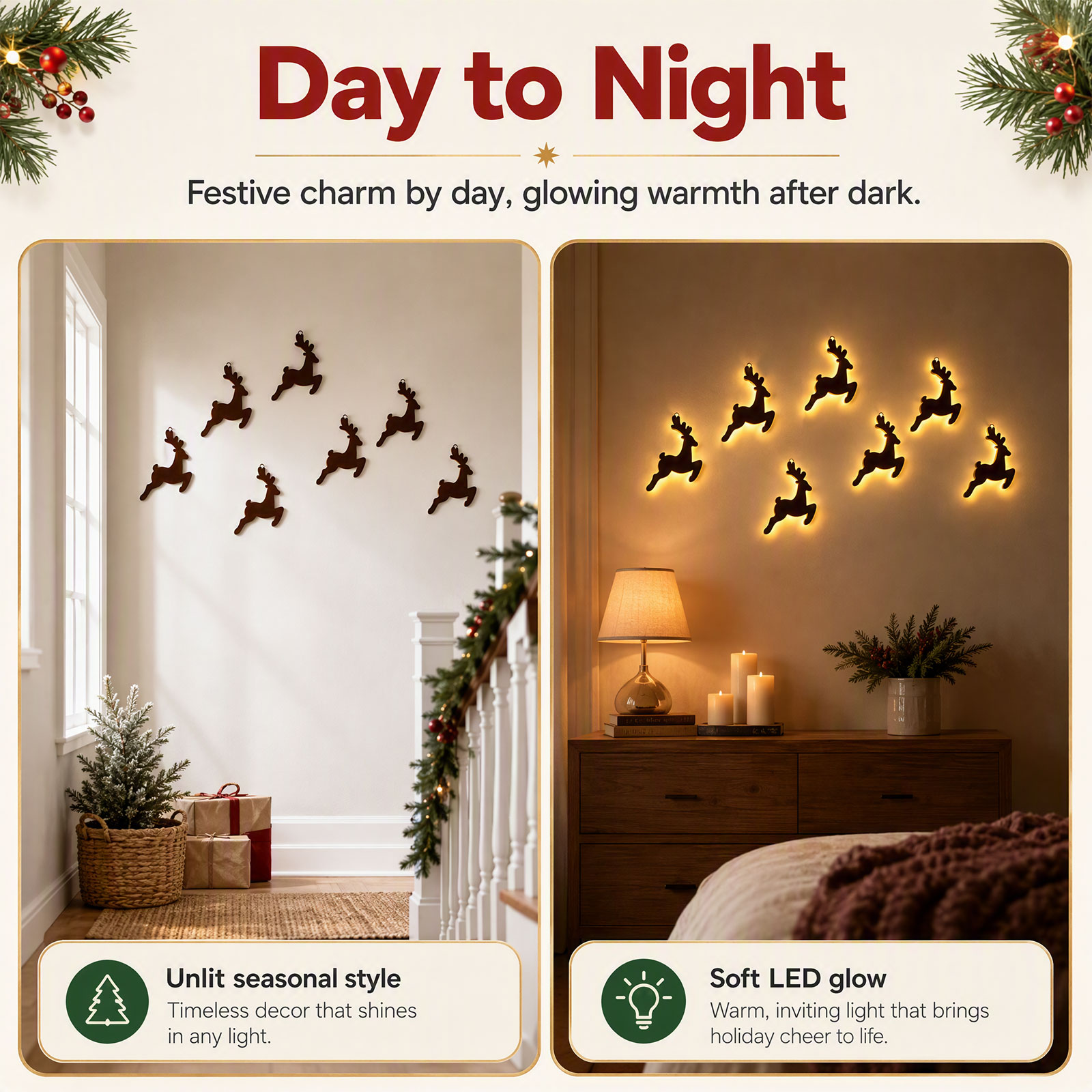 7PCS LED Wooden Reindeer Wall  - Up Lighting Decor ulasan dan harga